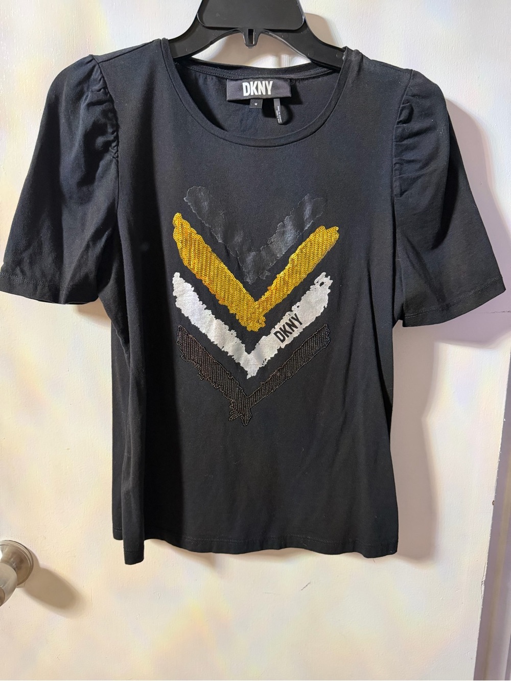 DKNY Black Short Sleeve Tee with Gold & Silver Chevron Sequins